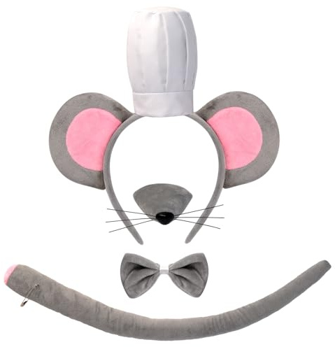 AgagaQx Deguisement Adulte Carnaval Rat, Ensemble Costume Souris Gris, 4PCS Deguisement Animaux Mignon, Oreille Souris Serre-Tête Nez Nœud Papillon Queue, Costume Animal Rat Adorable pour Fête Thème