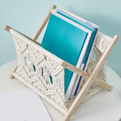 Porte-revues pliable en bois et corde de coton pour livres, journaux, tablettes et organisation de la maison