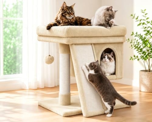 LEEJARD Kratzbaum für große Katzen, Stabiler Katzenbaum klein mit Rampe | 60cm hoher Beige Katzenturm mit extragroßer Holz Bodenplatte, abnehmbarer & selbstheizender Decke sowie Spielball.