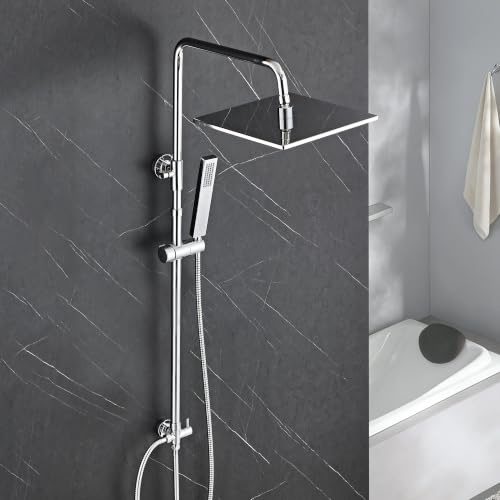 Görbach Edelstahl Duschset ohne Armatur, XL Kopfbrause 25x25 cm Chrom | Regendusche Duschsystem mit Höhenverstellbare Duschstange 74–114 cm, Geeignet für vorhandene Bohrlöcher, Premium Regendusche