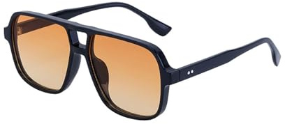 AQRNKK Retro 70s Sunglasses Womens Mens - Pilot Square Tinted Lens Oversized Vintage Ladies Sun Glasses Trendy Shades for UV400 Protection-Black/Orange Yellow Lens