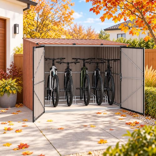 ACAGALA Fahrradschuppen Metall 216x207x158 cm, Gerätehaus mit Pultdach & Abschließbar, für 4 Fahrräder, wasserdichtes verzinktes Fahrradunterstand für Garten, Braun