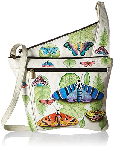 Anna by Anuschka Damen Mittelgroße Handbemalte Umhängetasche aus echtem Leder, asymmetrisch, schmal, mit Reißverschlusstaschen Botanical, Botanischer Vintage-Stil