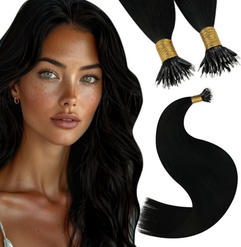 YoungSee Nano Hair Extensions Black 16inch Nano Bead Hair Extensions Human Hair Jet Black Pre Bonded Hair Extension Nanos Black for Wedding Cold Fusion Silky Straight 50s 50g