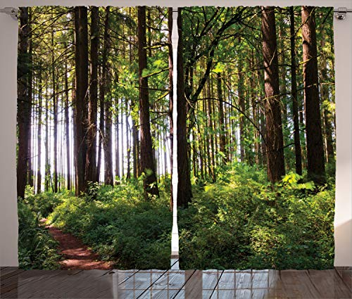 ABAKUHAUS Wald Rustikaler Gardine, Büsche und Thick Trunk, Schlafzimmer Kräuselband Vorhang mit Schlaufen und Haken, 280 x 225 cm, Braun Grün