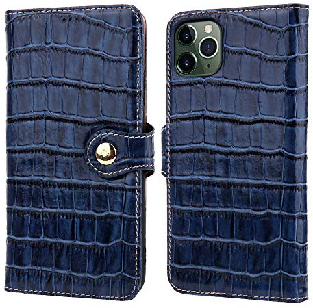 nincyee Genuine Leather Wallet Case for iPhone 11 Pro Max,Classic Crocodile Pattern Real Leather Flip Stand Case Cover with Card Slot Blue