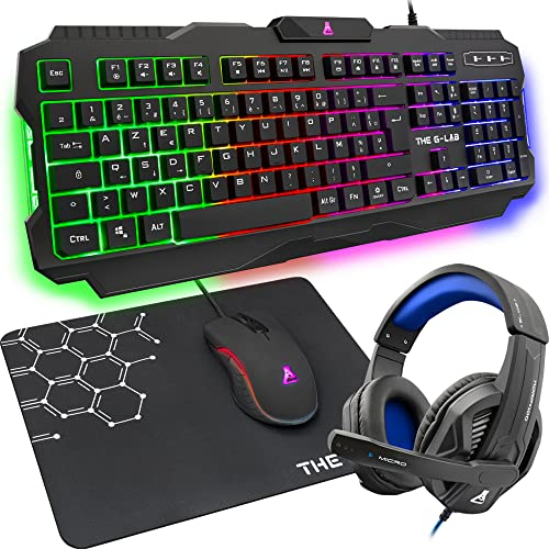 THE G-LAB Combo ARGON E Pacchetto di Gioco 4 in 1 - Tastiera Gamer ITALIANA Retroilluminata, Mouse Gamer 3200 DPI, Cuffia da Gioco, Tappetino Mouse Antiscivolo - PC Mac PS4 PS5 Xbox