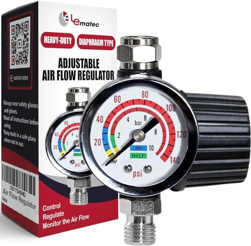 LE LEMATEC Régulateur d’Air pour Pistolet HVLP avec Jauge – Vanne de Contrôle 1/4 NPT jusqu’à 140 PSI pour Compresseur, Tuyaux et Outils Pneumatiques