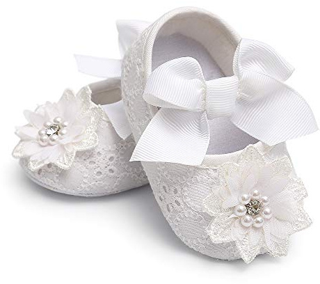 Baby Girl White Shoes Mary Jane Flats Soft Sole Bowknot Floral Princess Christening Baptism Wedding Dress Shoe for Newborns, Infants, Babies 0-6 Months