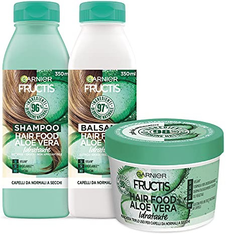 Garnier Fructis Hair Food Aloe Idratante, Kit con Shampoo, Balsamo e Maschera per Capelli da Normali a Secchi, Fino al 98% di Ingredienti di Origine Naturale, Senza Siliconi