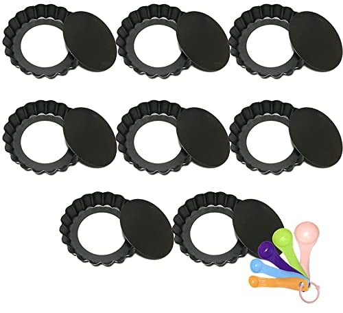 8+1Pcs 4 inch Mini Tart and Quiche Tins Pie Dish Individual Pans Tins for Baking with Removable Loose Bottom Base Non Stick Fluted Kitchen Bakeware Trays Pastry Pan Flan Dishes Black