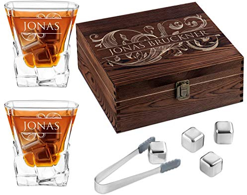 Maverton Whisky Steine Set - in Holzbox mit Gravur - 8 Eiswürfel & 2 Whisky Gläser - wiederverwendbar personalisierte Geschenke - Geschenke für Männer - Monogramm