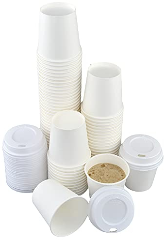 ILIP Lot de 100 gobelets en papier blanc (6 cm x diamètre 6 cm) de 120 ml (4 oz) + 100 couvercles blancs avec enveloppe pour café et boissons chaudes
