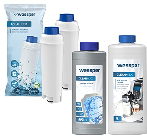 Wessper Rundum-Pflegeset für Kaffeevollautomaten DeLonghi (2x Wasserfilter komp. mit DLSC002, Entkalker 500ml, Milchsystemreiniger 1000ml) Serie EC, ECAM, ESAM, ETAM