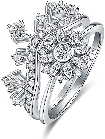 Yaresul Krone Ringe für Frauen Sterling Silber, Weiß Cubic Zirkonia Queen Ring Blume Halo Ring, Schmuck Ringe für beste Freundin, Größe 52(16.6)