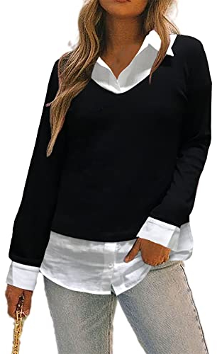 Oyamiki Damen Casual Kragen Curved Hem 2 in 1 Pullover Tops Plaid Kontrast Shirt Bluse, B04 Schwarz Weiß, Mittel