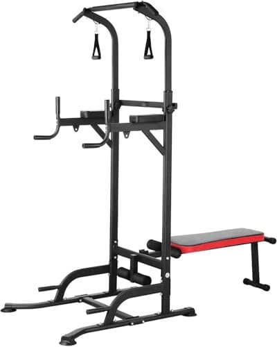 Power Tower multifunktional mit klappbarem Hantelbank, Dip Station Klimmzugstange, Krafttraining Ganzköpertraining Heimfitness, inkl. Trainingsbänder, Ladekapazität bis zu 200KG