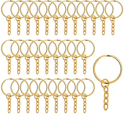 LEEQBCR 30 Portachiavi piatto da 25 mm con catena portachiavi ad anello diviso, utilizzato per artigianato fai da te, creazione di gioielli, metallo in acciaio inossidabile (oro)