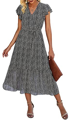 SEVETAT Damen Chiffon Boho Lange Kleid mit Gürtel Sommerkleid Partykleid Elegant V-Ausschnitt Maxikleid Blumenkleid Abendkleid Rüschen Strandkleid Cocktailkleid (Schwarz, L)