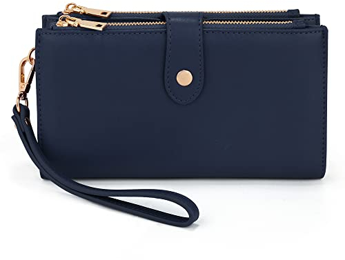 UTO Geldbörse Damen Gross Elegant Clutch Wristlet Wallet Pouch Große Geldbeutel Viele Fächer Weiches PU-Leder Doppelreißverschluss Dunkelblau