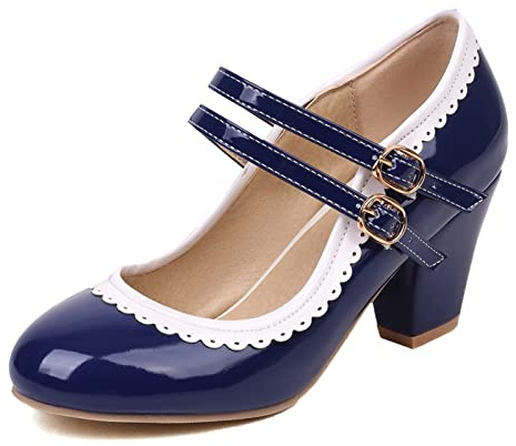 Lizoleor Lack Mary Jane Damen Knöchelriemchen Blockabsatz Party Schuhe Closed Toe Hochzeit Höhe Ferse Pumps Prom Dark-Blau Gr 38 EU/39Cn