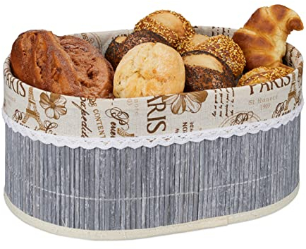 Relaxdays Brotkorb, Paris Design, Bambus, abnehmbare Stoffeinlage, HxBxT: 16 x 34 x 24 cm, ovaler Frühstückskorb, grau