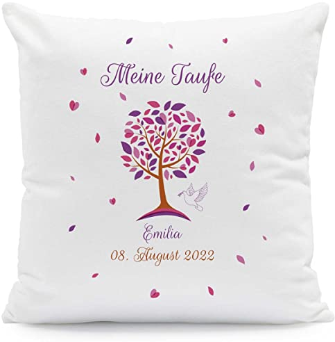 GRAVURZEILE Cuscino con motivo – Albero della vita – Regalo per battesimo – Personalizzato con nome e data – Regalo per bambini e ragazze – Dimensione con imbottitura, colore rosa