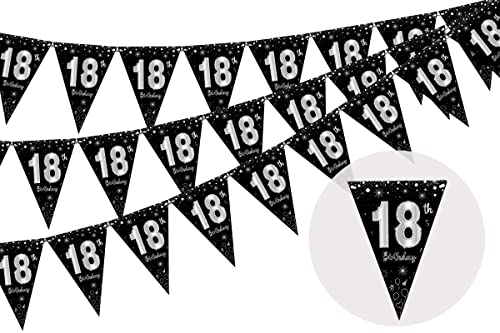 Cheereveal 3 Pack 18th Happy Birthday Wimpelkette Banner, 36 Stück Dreieck Flagge Schwarz und Silber, 18 Geburtstag Party Dekoration, Glitzer Geburtstag Wimpel Banner, Geburtstag Jahrestag Party