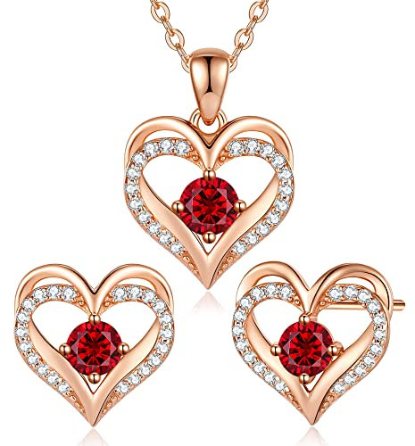 CDE Schmuckset Damen Muttertagsgeschenk 925 Sterling Silber Forever Love Herz Rosegold Geburtsstein Halskette und Ohrringe Set für Frauen Schmuck Geschenk Geburtstag Valentinstag Weihnachten