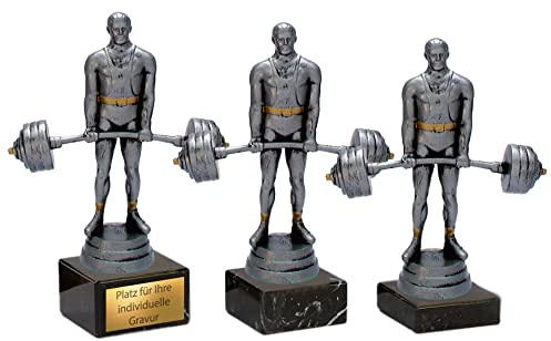 eberin · Gewichtheben Pokale mit Wunschtext · Wanderpokal · Resinfigur Gewichtheber mit Langhantel Altsilber/Gold auf Marmorsockel · Weightlifting Pokal in 3 Größen erhältlich ·