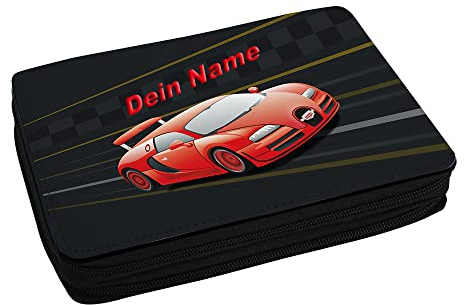 Eurofoto Schulmäppchen mit Namen und Motiv mit Auto | Federmappe personalisiert inkl. Stifte, Lineal, Radierer, Spitzer