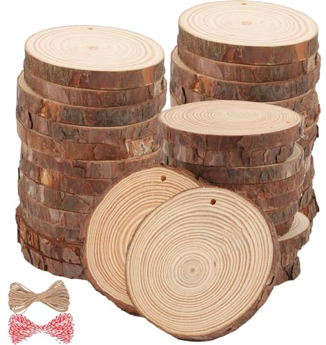 ZOENHOU 60 PCS 7-8cm Wood Slices with Drilled Holes, 2.7-3.1 Inch Predrilled Unfinished Natural Wooden Circles Log Slices with Hanging Rope for Crafts Art Painting Decorations Coaster Christmas