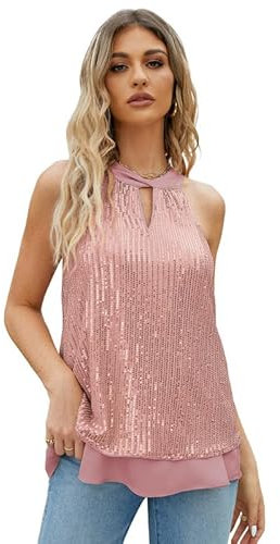 JASAMBAC Top da donna con paillettes glitterate, senza maniche, con foro della serratura e nodo, Oro rosa senza maniche, L
