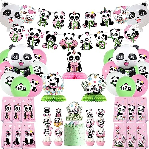 Obussgar Panda Geburtstag Party Dekorationen- Panda Party Zubehör einschließlich Banner, Cake Toppers, Tisch Centerpieces, Candy Bags, Panda Ballons für Mädchen Geburtstag Party