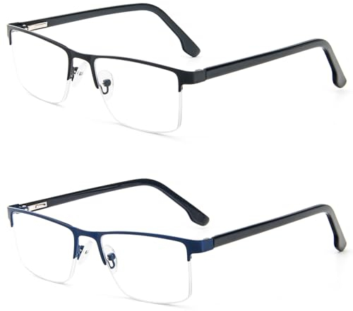 MMOWW 2er-Pack Lesebrille Herren Mit Blaulichtfilter, Rechteckige Halbrahmen Metall Lesebrillen Lesehilfe, Feder Scharnier Lesebrillen (Schwarz+Blau, +1,5)