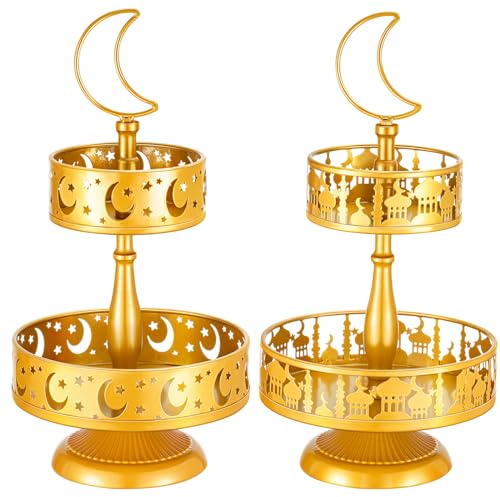 Sunnychicc 2 Stück Eid Metall Tablett Dekorationen Mubarak Kuchenständer Golden Dekorative Tabletts Ramadan Cupcake Halter Doppellagige Kekstablett Rack Dessert Display Teller für Eid Mubarak Party