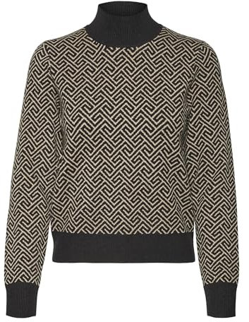 VERO MODA Damen VMARIA Art LS HIGH-Neck Pullover GA Strickpullover, Black/Detail:W. Silver Mink Grafic Print, L