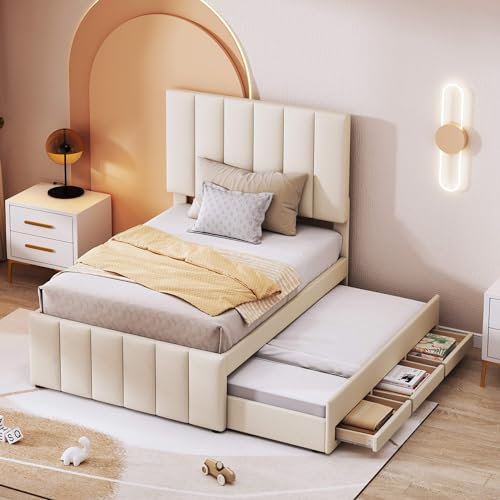 HYUB Cama tapizada de 90 x 200 cm con cajones de almacenamiento y somier de láminas, cama individual con respaldo y cama nido, cama de casa para niños y niñas, sin colchón, beige