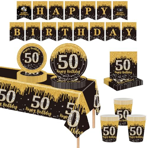 MORAINJAY 70P 50th Birthday Tableware Black Gold, 50th Birthday Cups Plates Napkins Tablecloth Paper Banner, Table Decoration Set for Men Women, 16 Guests