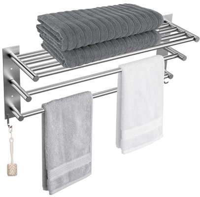 GVKAR Bathroom Towel Shelf Towel Rail with 3 Tier Towel Bars & Hooks Stainless Steel Self Adhesive Towel rail Wall Mounted 2 Installation Methods Towel Rack for Kitchen Hotel Lavatory (Silver, 64)