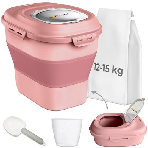 The FlexiNest Dog Food Storage Container 5kg 10kg 12kg 15kg,Airtight Food Storage Container for Pet Food, Rice, Flour, Cereal-Collapsible Dog Food Storage Bin with Sealed Lids, Wheels, Scoop and Cup