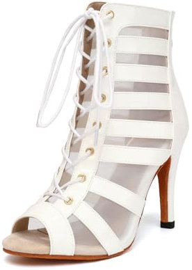 YCALCP Stivali da Ballo Latino Americano Donna con Punta Aperta Stivaletti da Ballo con Lacci con Tacco Alto,DS-K400-QP-Bianco,Tacco 9.5cm,Scamosciato,EU 37.5