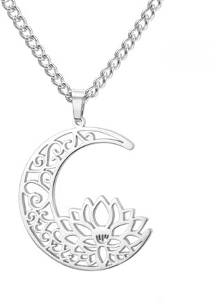 kkjoy Collier de Lotus dans la Lune en Acier Inoxydable Collier Pendentif de Fleur de Lotus Yoga Bijoux d'inspiration pour Femme Charmantes Dames