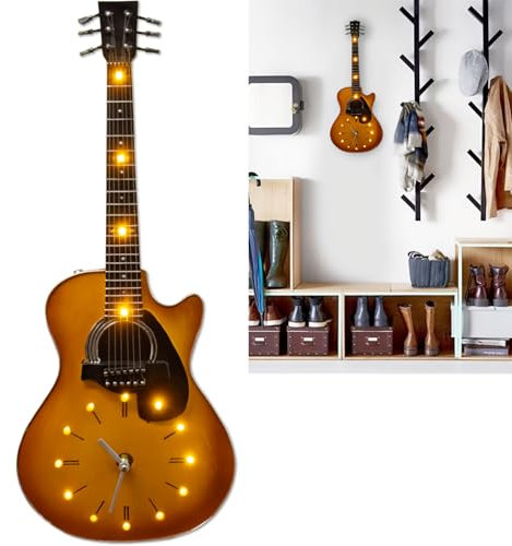 Maison Des Cadeaux Vintage Retro Gitarre Wanduhr mit LED Lichtern Braun Eiche Optik 53.3 cm