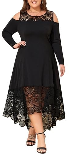 unewmy Plus Size Women Maxi Dresses Lace Floral Cold Shoulder Long Sleeve Oversized Elegant Black Dress Evening Cocktail Formal Party Ball Gown