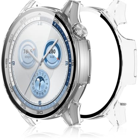 Haofun 2 Pieces Cover for Huawei Watch GT5 46 mm, with 9H HD Ultra Tempered Glass Screen Protector, PC Protective Case, Full Protection – Transparent