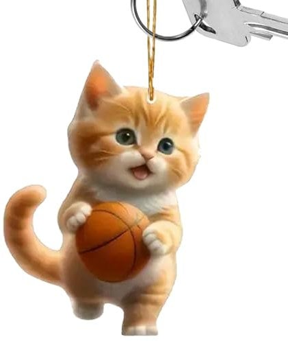 Charme de Chat Orange - Porte-clés Plat 2D Acrylique, Chat Mignon Jouant au Basket-Ball - Souvenir et Ornement Téléphone
