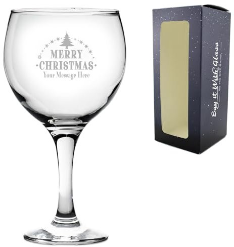 Personalised Engraved Novelty Christmas Gin Balloon Cocktail Glass with Merry Christmas Tree Design, Customise with Any Name or Message, Gift Box Included, Laser Engraved