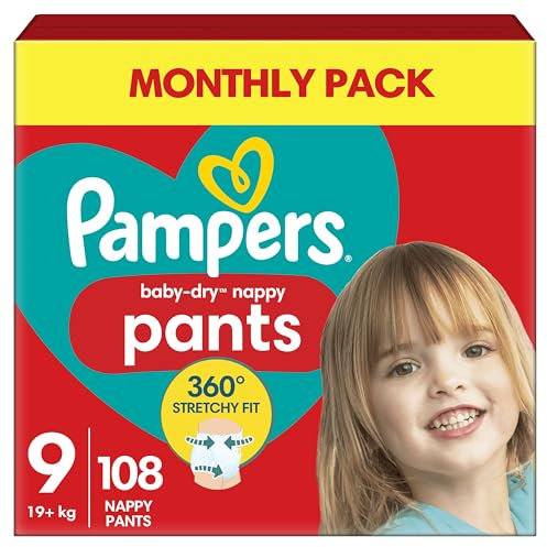 Pampers Baby-Dry Nappy Pants Size 9, 108 Nappies, 19kg+, Monthly Pack, 360° Fit to Help Prevent Gaps and Leaks