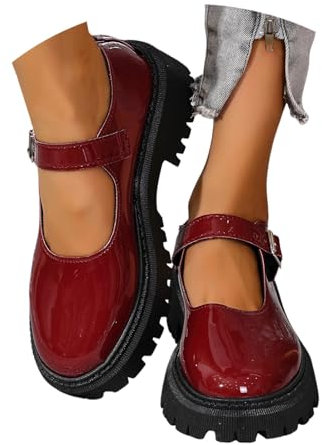 Plateau Schuhe Damen, Chunky Loafers Damen Mary Jane Schuhe Vintage Frauen Plateauschuhe Loafer Platform Lolita Lackschuhe Halbschuhe Mädchen Plateau (Rot,40)